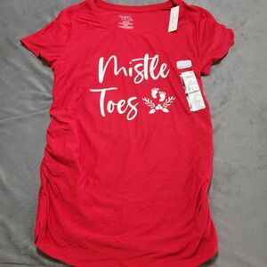 Mistle Toes Womens Medium Red Short Sleeve Scoop Side Ruched Christmas Maternity